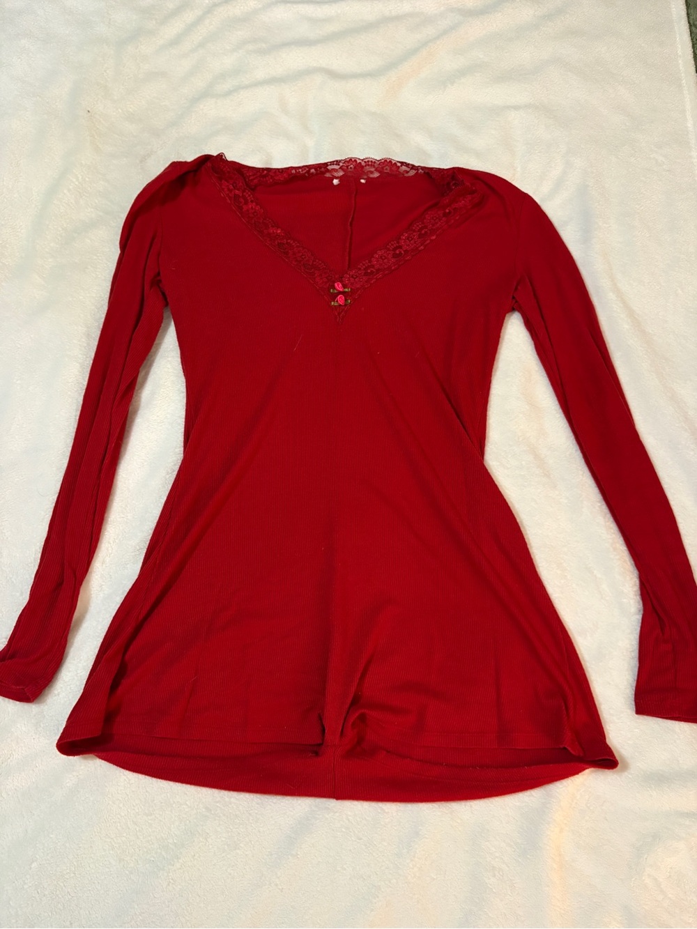 Red Lace-Trim Long Sleeve Women's Bodysuit